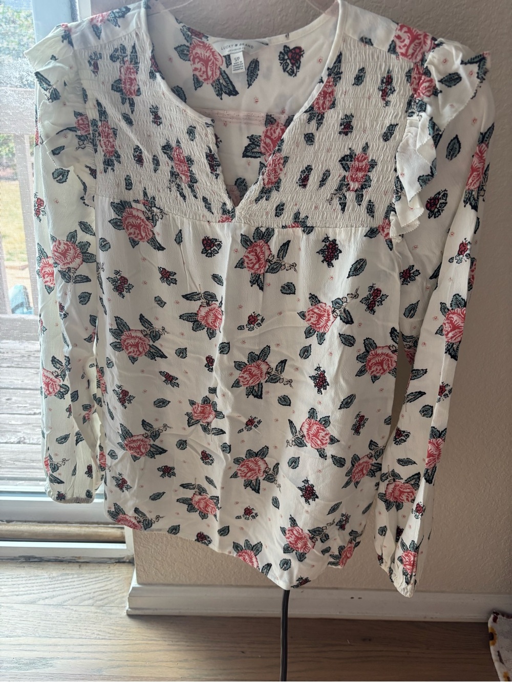 Lucky Brand White Blouse with Pink Rose Print